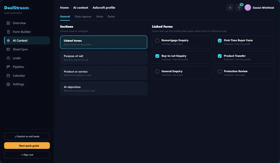 DealStream AI context settings that shape how the assistant calls new leads