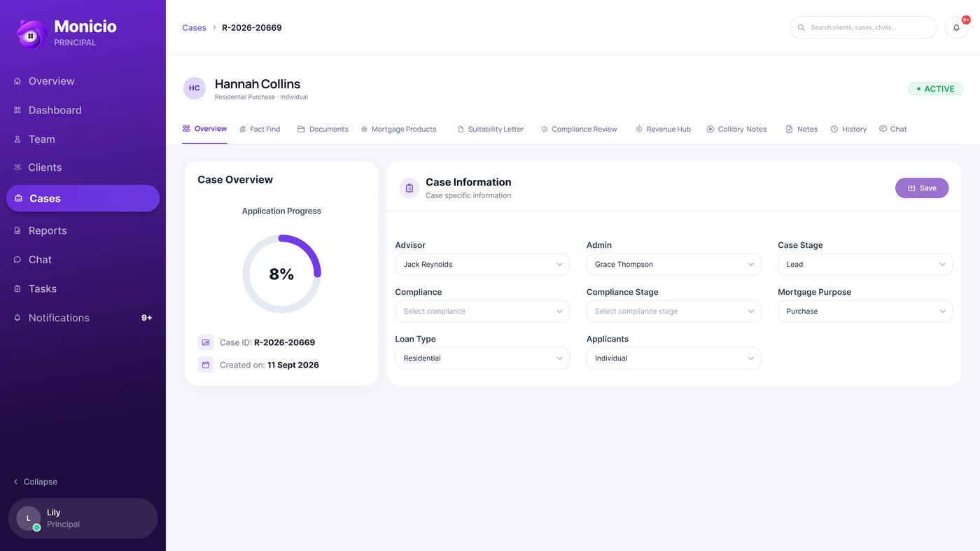 Monicio case overview with application progress and case information