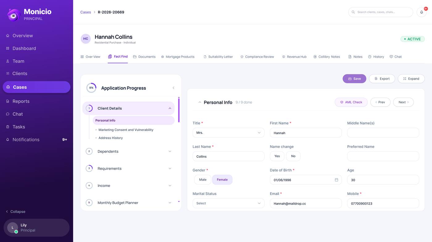Monicio fact find with personal information